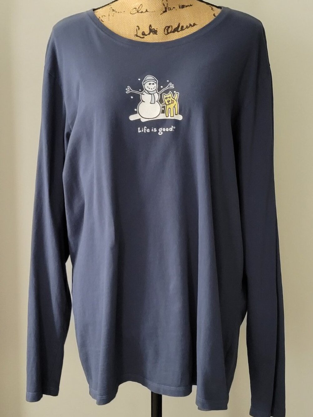 Ladies Life is Good Blue Long Sleeve Shirt with Snowman XXL